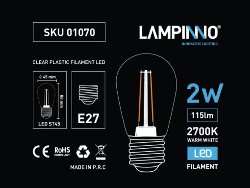 2W Filament LED Bulb E27 ST45 Clear Plastic 2700K - Image 6