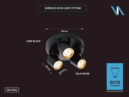 Round GU10 Surface-mounted spotlight fixture triple cylinder sand black and gold rotatable - Image 3