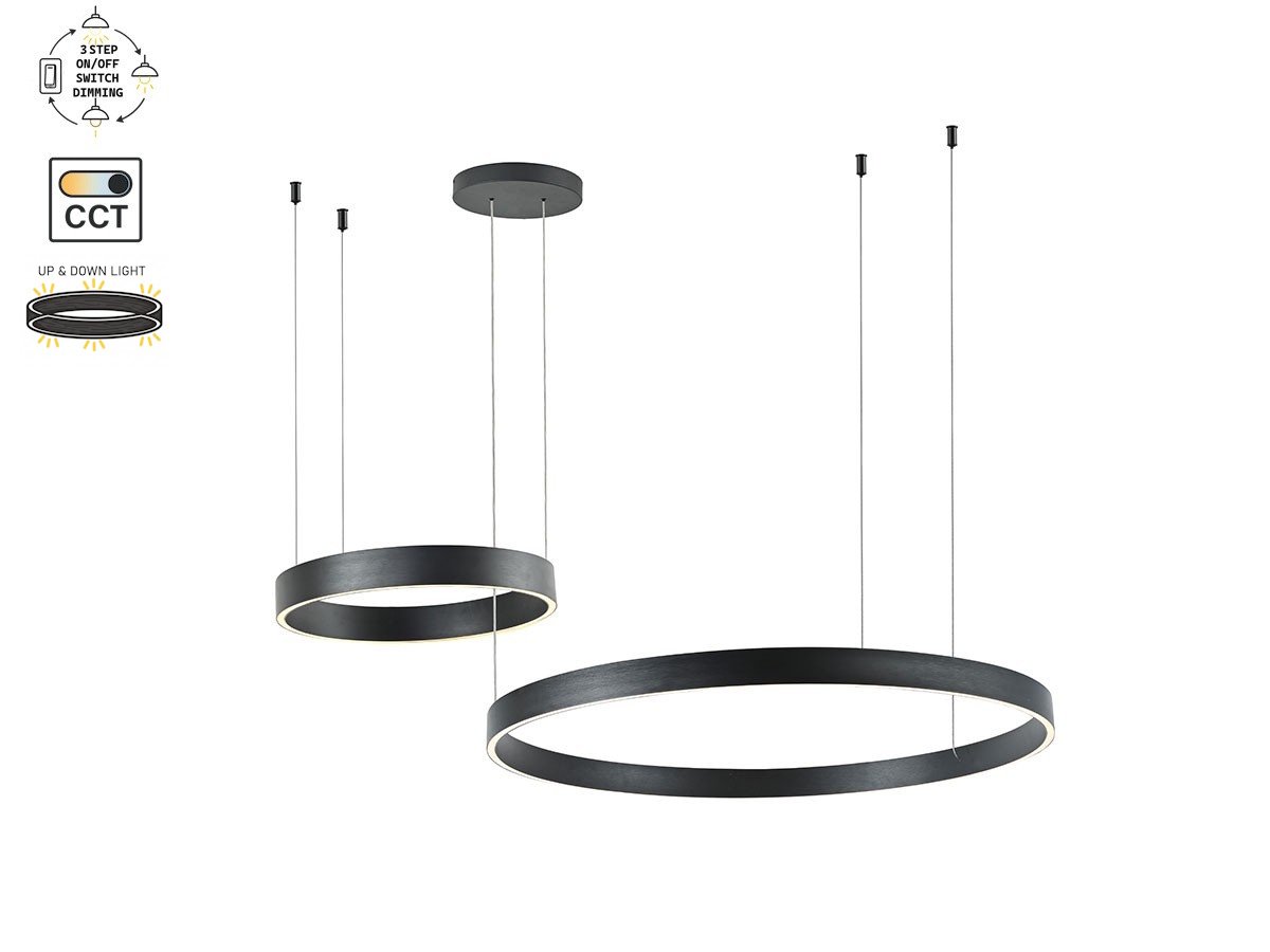 Duora Design Pendant Lamp Sand Black 80cm & 40cm Duo Ring 60W LED CCT 3 Colors & 3 Step Dimming